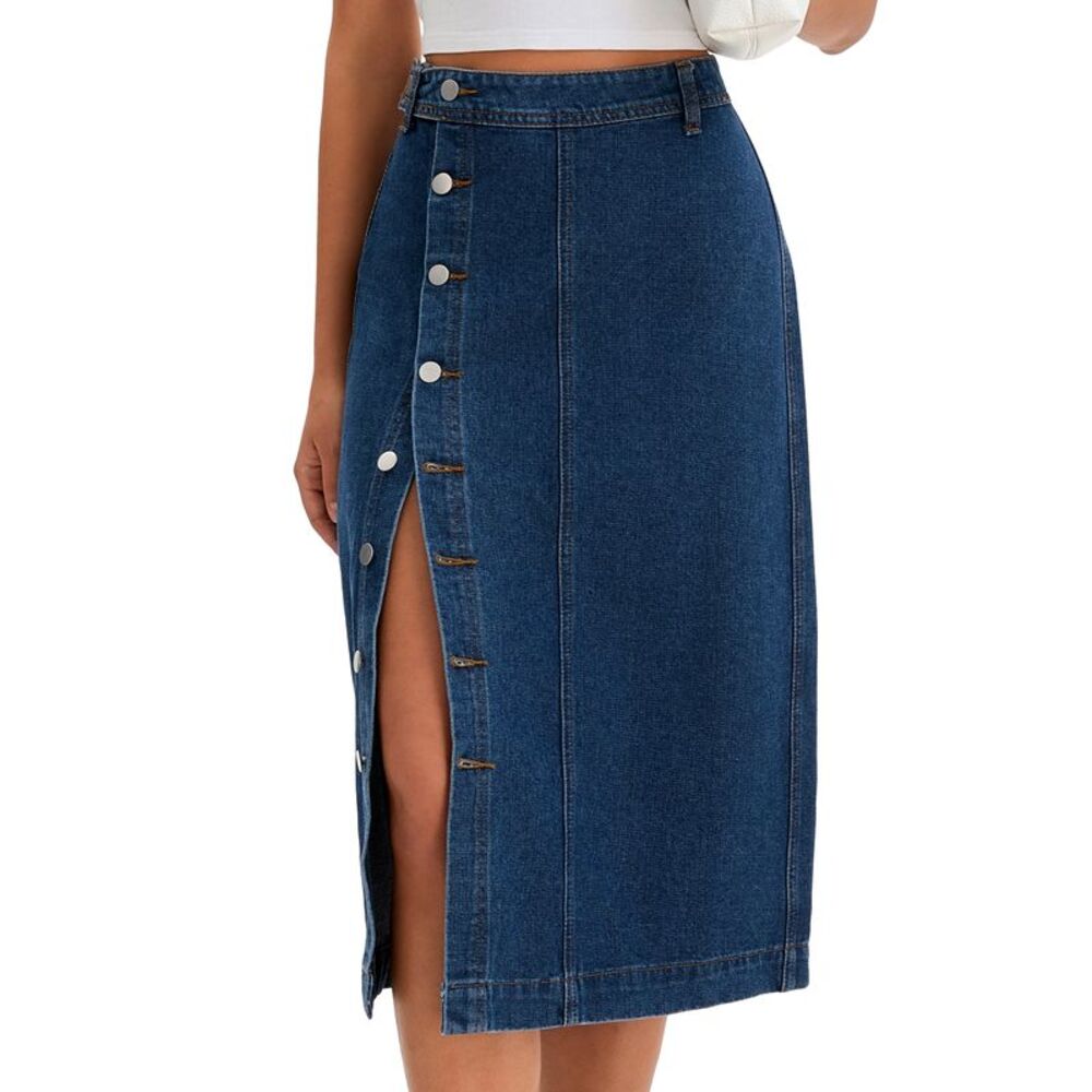 Women's Denim Midi Skirt Button Up Casual Slit Jean Skirts Dark Blue